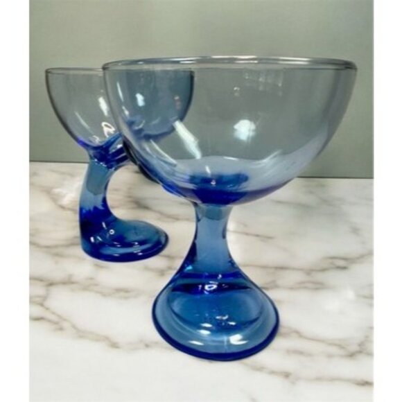 Bormioli Rocco Jerba Footed Dessert Cocktail Glasses Blue Wing Italy Set of 2 - Picture 6 of 16